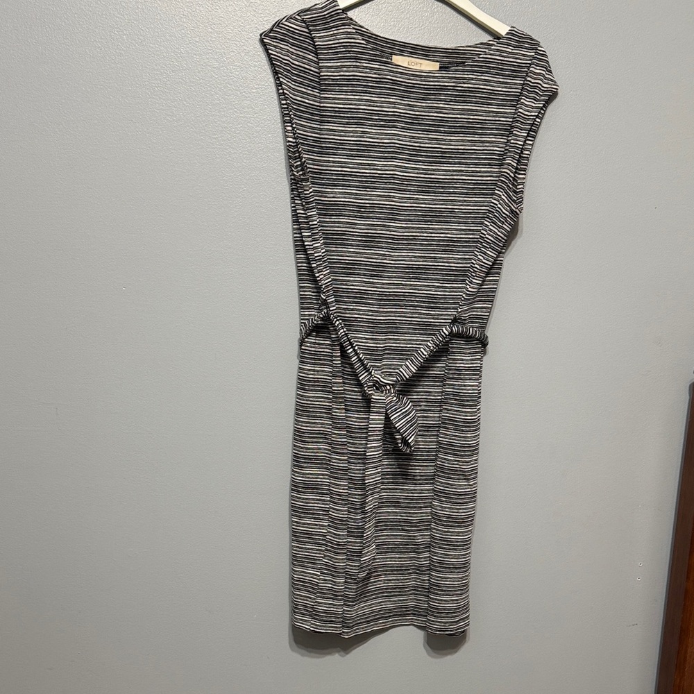 LOFT Striped Gray and White Midi Dress